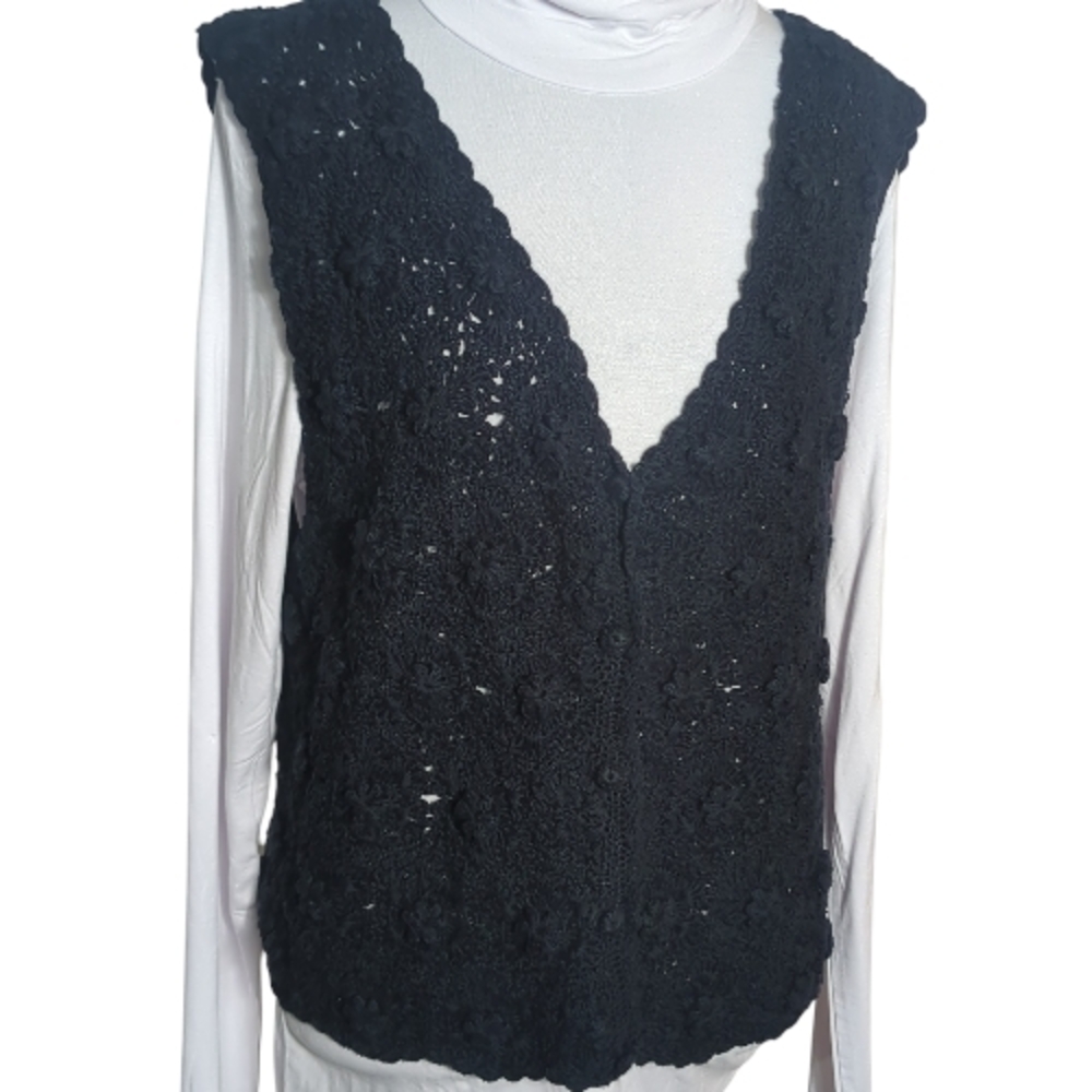 Vintage Black Cotton Crochet Vest Large Whimsigoth Dark Academia Grandma Cottage